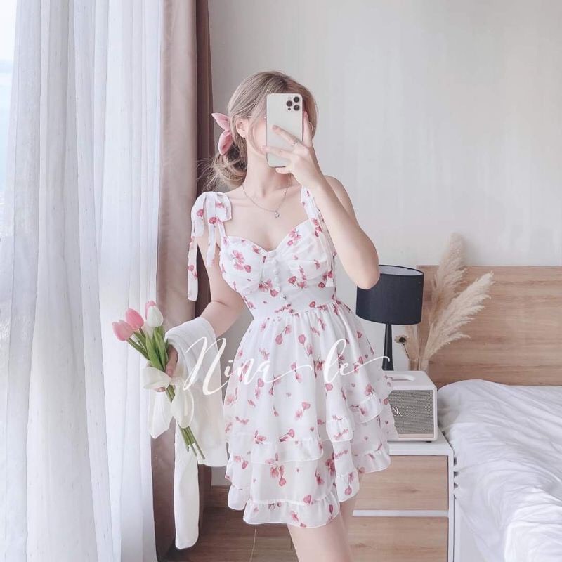 Váy 2 dây - Váy hoa nhí 2 tầng kèm áo cadigan, Có mút ngực, Chất vải lụa cao cấp, Thích đi biển dạo phố