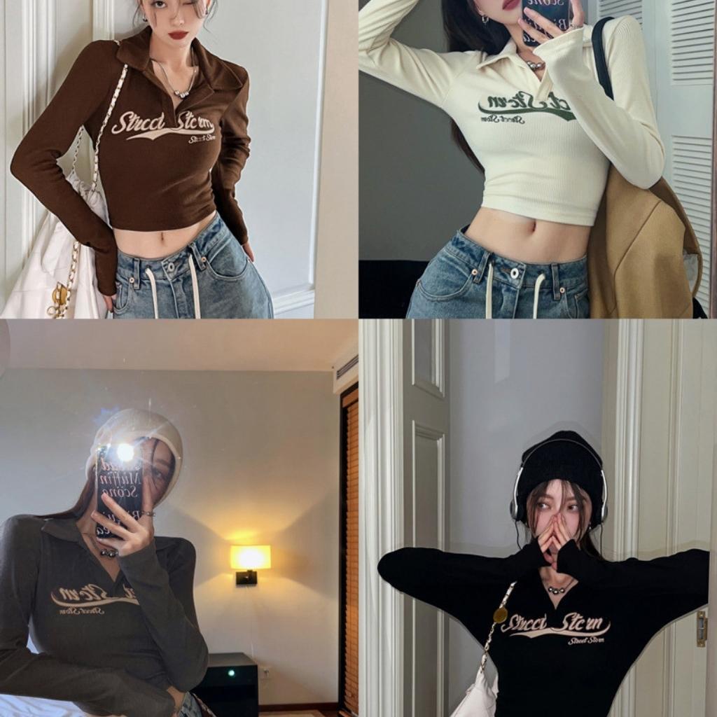 Áo croptop tay dài cổ bẻ in chữ cực xinh GenY, Áo kiểu thun dài tay ôm body cực tôn dáng -ADT30-