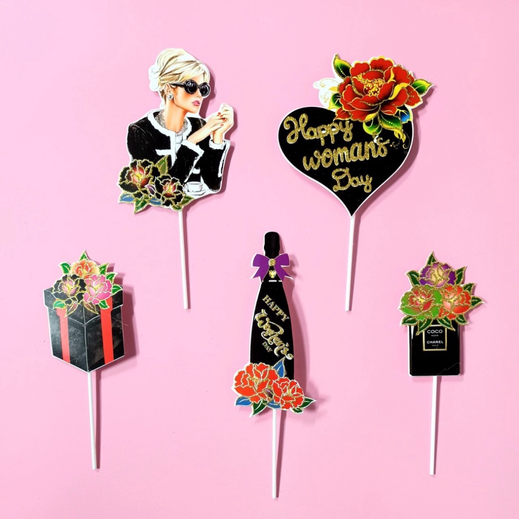 Phụ Kiện Bánh Sinh Nhật  topper cắm happy woman's day nhũ
