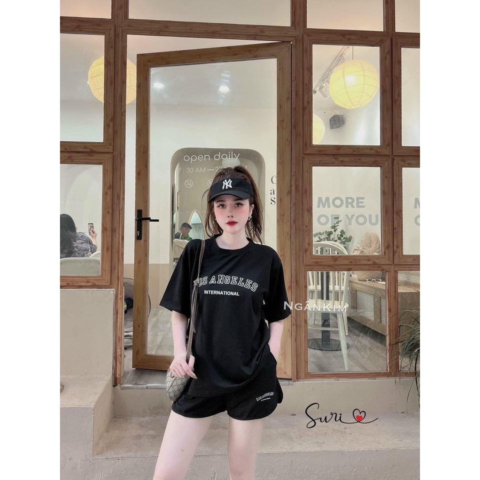 Set Đùi Cộc Chữ LOSANGELES Chất Đẹp 3158 Cotton Khô Tay Lỡ Nam Nữ Bộ Đùi Thể Thao Basic