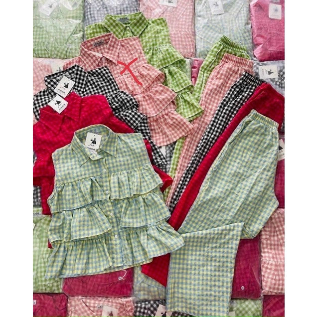 Set Bộ Sọc Caro Dài Áo Sơ Mi Đũi Sát Nách Tầng Babidoll Kèm Short