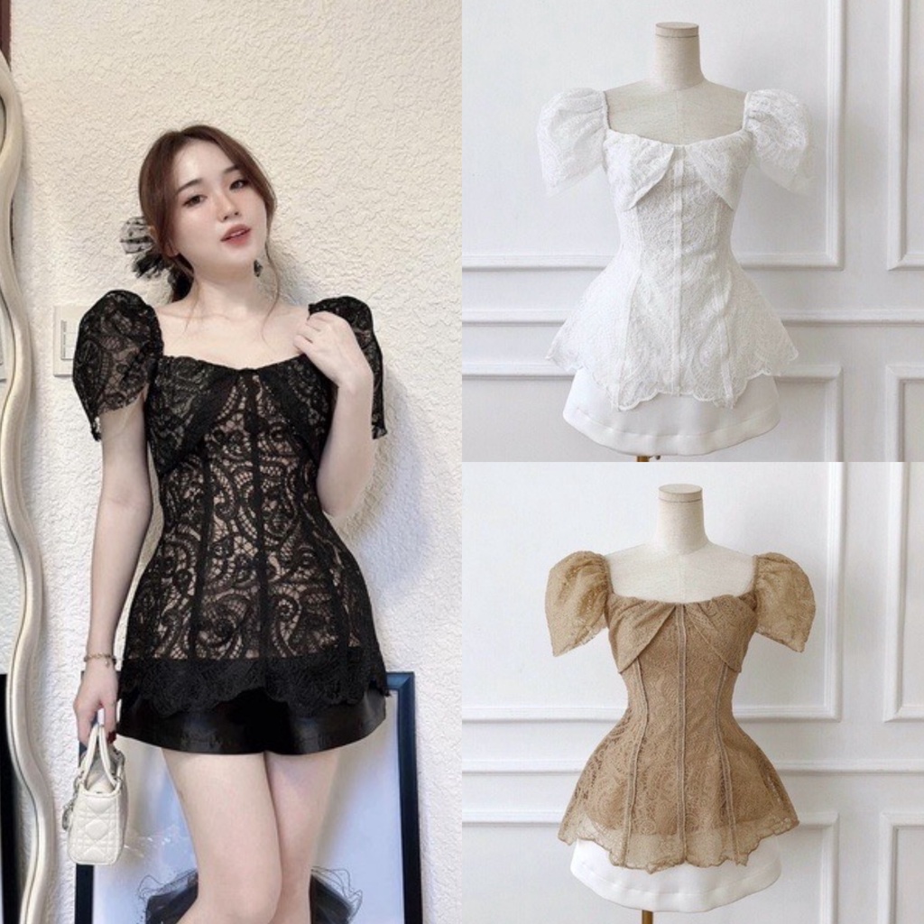 Áo Peplum Ren Nổi Tay Phồng Sang Trọng Thanh Lịch