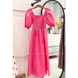 Đầm hồng smocking tay bồng