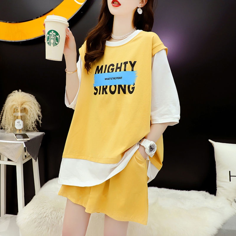 Set Áo Thun Ngắn Tay Giả Hai Lớp + Quần short Dáng Rộng Thời Trang 2023 Cho Nữ