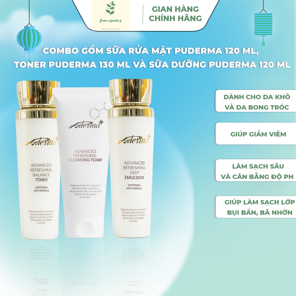 Combo dành cho da khô và da bong tróc gồm sữa rửa mặt Puderma 120 ml, toner Puderma 130 ml và sữa dưỡng Puderma 120 ml