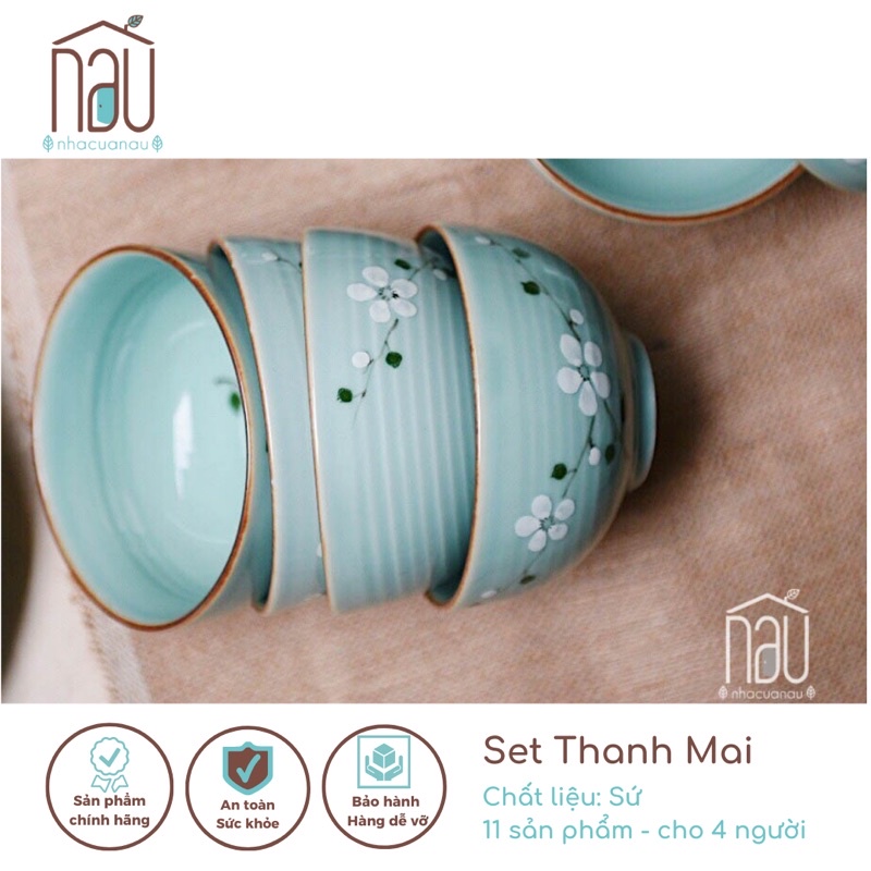 Bộ sản phẩm bát đĩa sứ Thanh Mai họa tiết cành mai trên chất liệu men ngọc phù hợp làm quà tặng tân gia quà cưới