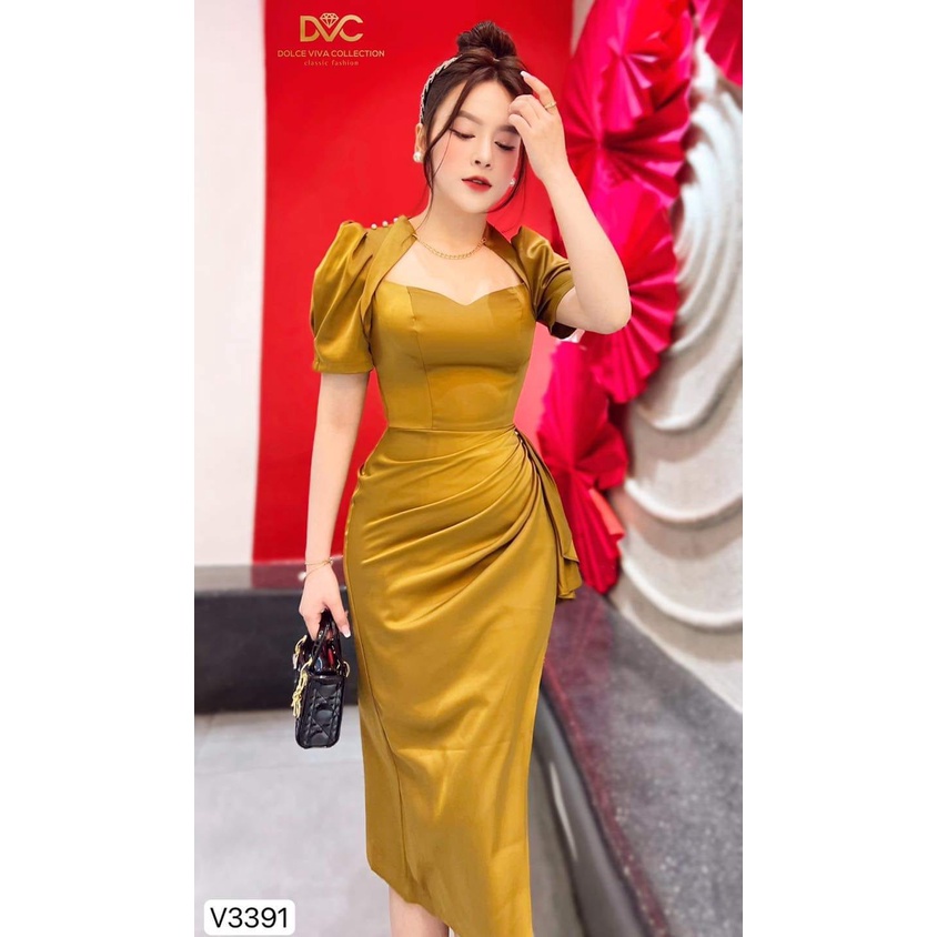 (có sẵn +trợ giá) VÁY BODY NÂU RÊU VAI ĐÍNH NGỌC V3391-DVC