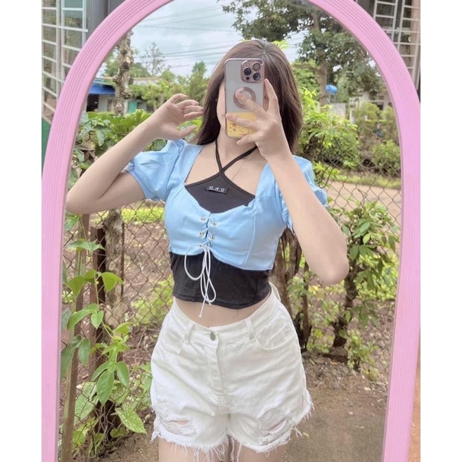 Set áo croptop vai phồng đan dây kèm áo yếm siêu ngầu Ulzzang