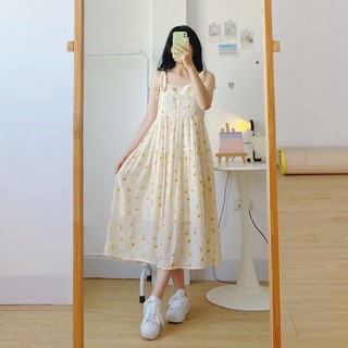 Váy trắng hoa nhí vàng 2 dây babydoll trễ vai body ulzzang , Đầm xòe thiết kế chiffon du lịch biển