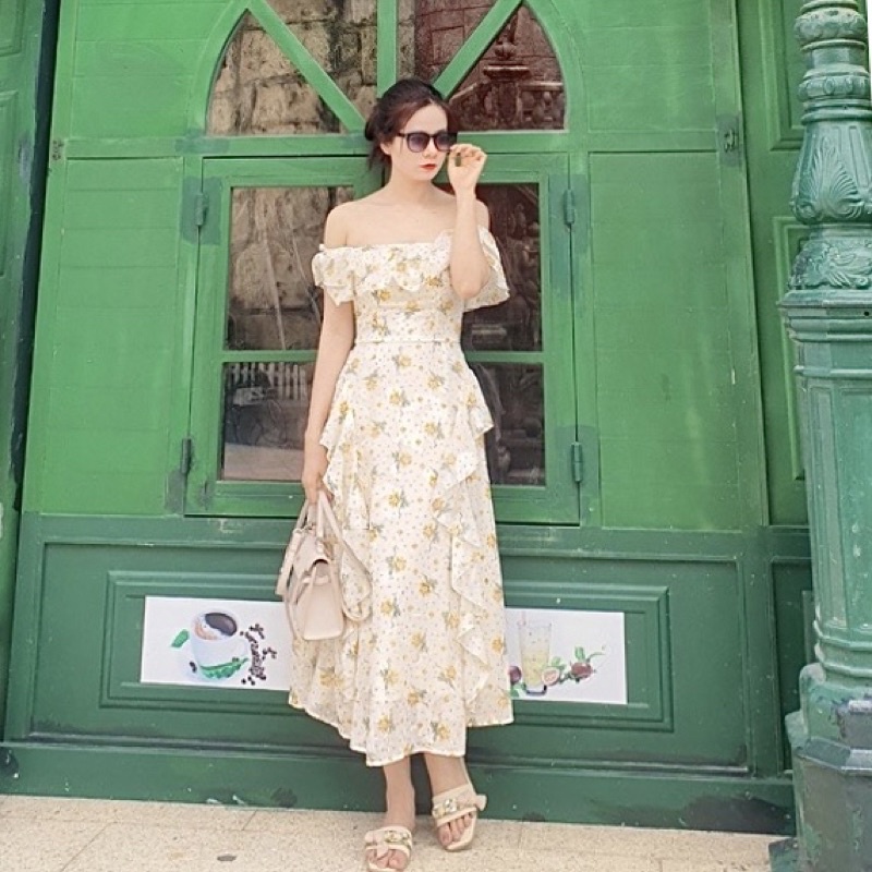 Đầm Váy Maxi Voan Hoa Nhí Trễ Vai Hàng Thiết Kế, Đầm Váy Quảng Châu Maxi Phối Bèo Tầng ,Mã Số A219