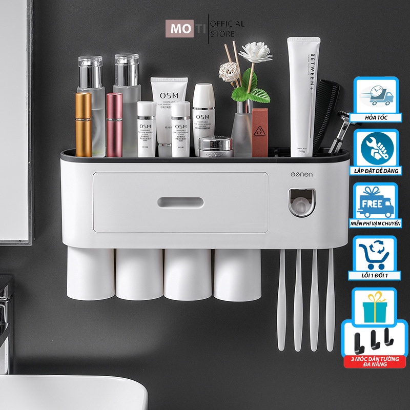 Bộ Nhả Kem Đánh Răng Tự Động, Kệ Treo Bàn Chải Lắp Đặt Dán Tường Gạch Men Kèm Cốc Hút Nam Châm