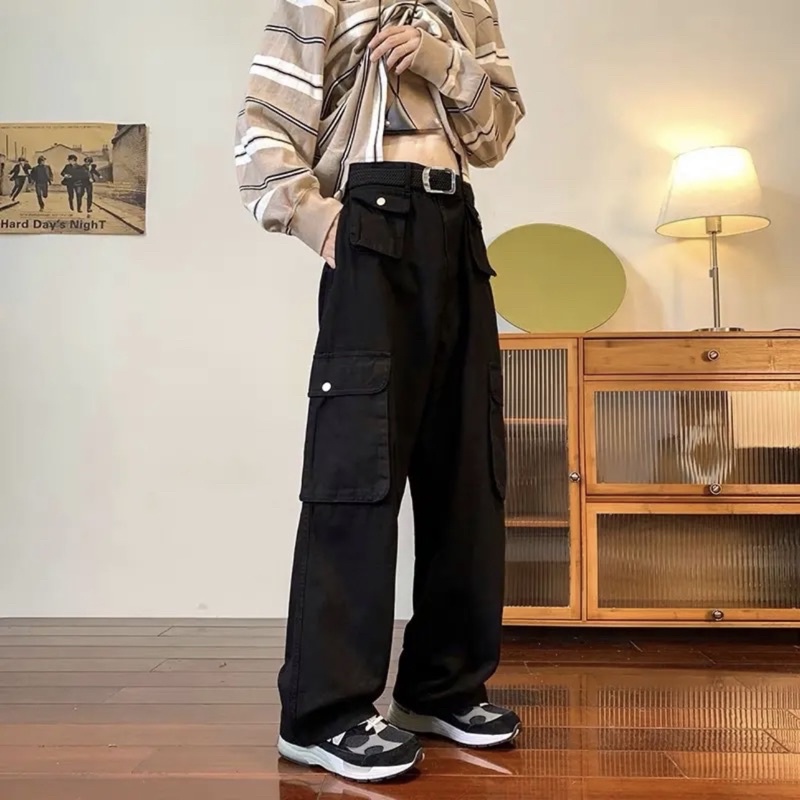 Quần kaki Cargo ROKY màu ĐEN/BE dài suông ống rộng túi hộp trơn form nam nữ unisex 🖤 Quần baggy kaki style Ulzzang 🖤