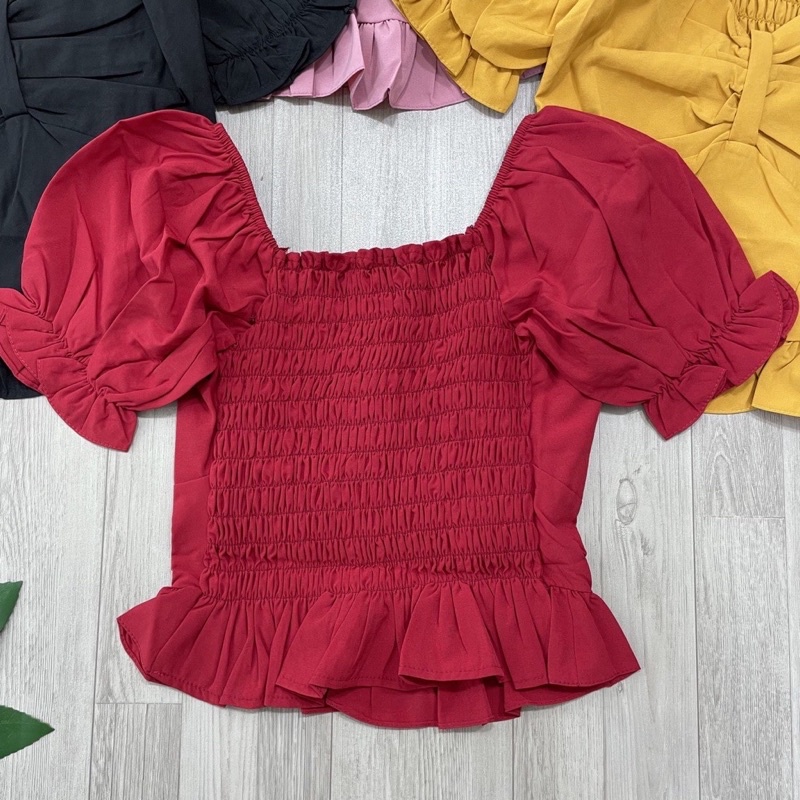 Áo Voan Croptop kiểu xoè nhún lưng nơ rút ngực tay phồng