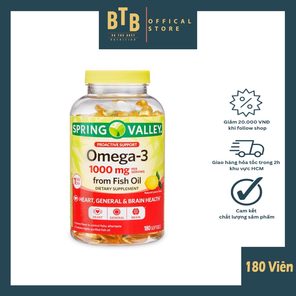 Viên uống dầu cá OMEGA-3 1000mg 180 viên hàm lượng EPA, DHA cao hỗ trợ sáng mắt bổ não hương chanh từ hãng SPRING VALLEY