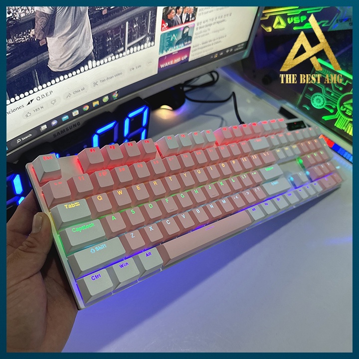 Bàn Phím Cơ Máy Tính Gaming Keycap Xuyên Led RGB Có Dây TC3218 Màu Hồng Trắng - Bàn Phím Chơi Game Vi Tính Pc