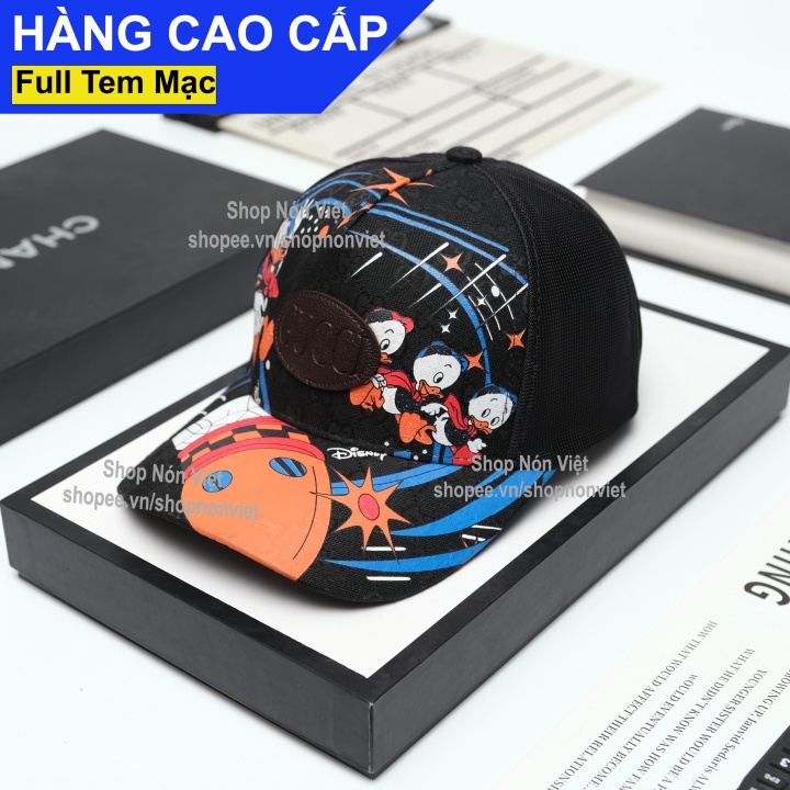 Mũ Lưỡi Trai Nón Kết GUCCI Vịt Donald Logo Thêu Nổi Hình Elip Vải Hoạ Tiết Kaki Cotton Màu Đen Phối Lưới Đen Form Đ