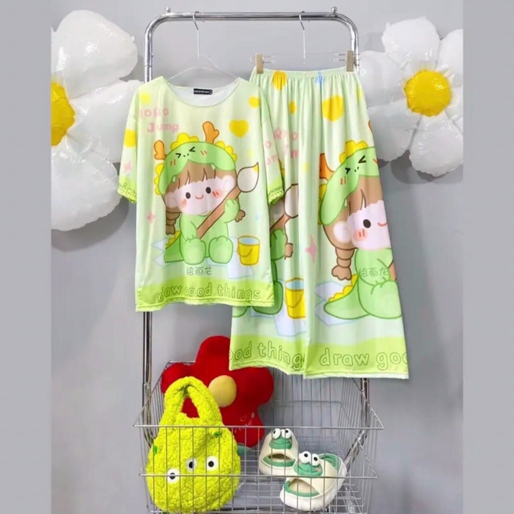 Bộ mặc nhà áo tay lửng + quần dài chất thun lạnh Doremon Hello Kitty pijama đồ ngủ cryaotic10