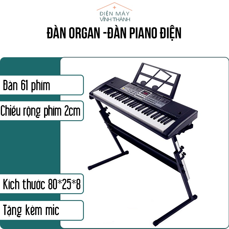 Đàn Piano điện tử 61 phím Đàn Organ cho người mới học âm thanh hya nhiều phím chức năng có kèm mic sạc giá đỡ nhạc lý
