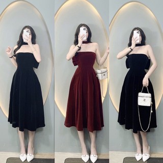 Váy nhung dáng xòe chất nhung kết nơ lưng siêu dẽ thương, đầm dự tiệc 2 màu đen, đỏ