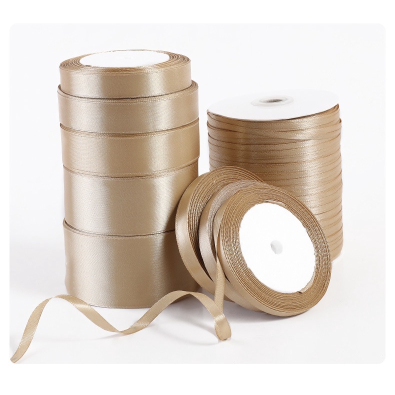 Cuộn dây ruy băng gói quà dài 90M màu vàng sâm banh đủ size từ 6mm đến 25mm