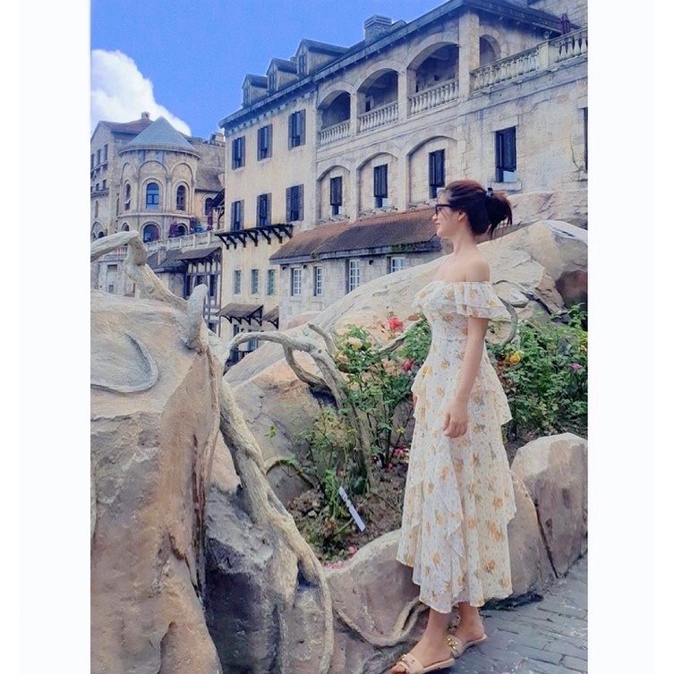 Đầm Váy Maxi Voan Hoa Nhí Trễ Vai Hàng Thiết Kế, Đầm Váy Quảng Châu Maxi Phối Bèo Tầng ,Mã Số A219