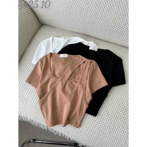 Áo Thun Trơn Croptop Tay Ngắn Cổ U Khoét Giọt Nước