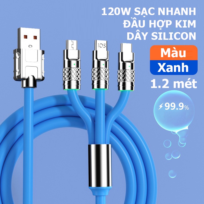 Dây cáp sạc nhanh 3 đầu chuyên dụng 120w PD dài 1.2m hợp kim kẽm Silicon cao cấp điện thoại- hoacuonghn