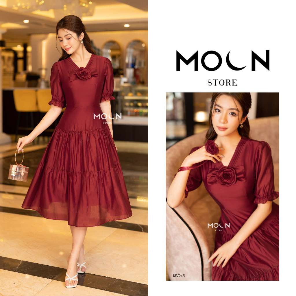 Váy nữ công sở, đầm xòe tiểu thư vải tơ nhật thời trang nữ thiết kế thắt eo dáng dài sang chảnh MV245 Moon