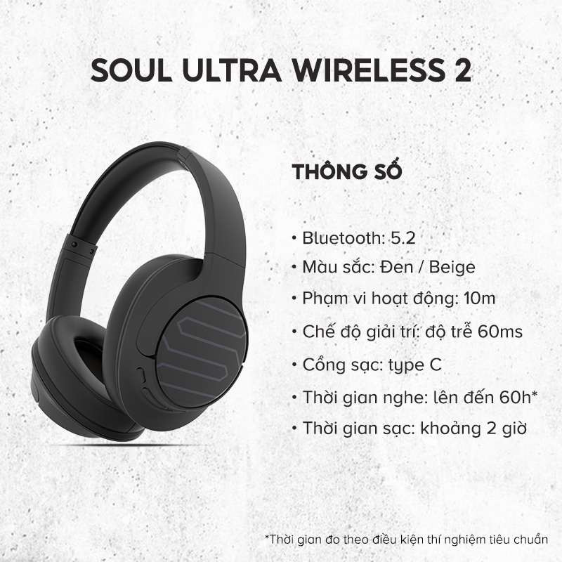 Headphone Bluetooth Soul Ultra Wireless 2, BT 5.2, Low Latency 60ms, Nghe Đến 60 Giờ - Chính Hãng BH 12 Tháng Dizigear