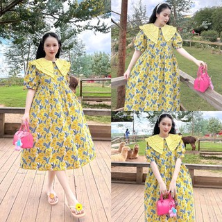 Đầm babydoll hoa nhí đi biển - Váy bầu hoa tay ngắn dáng dài cổ bèo xinh xắn