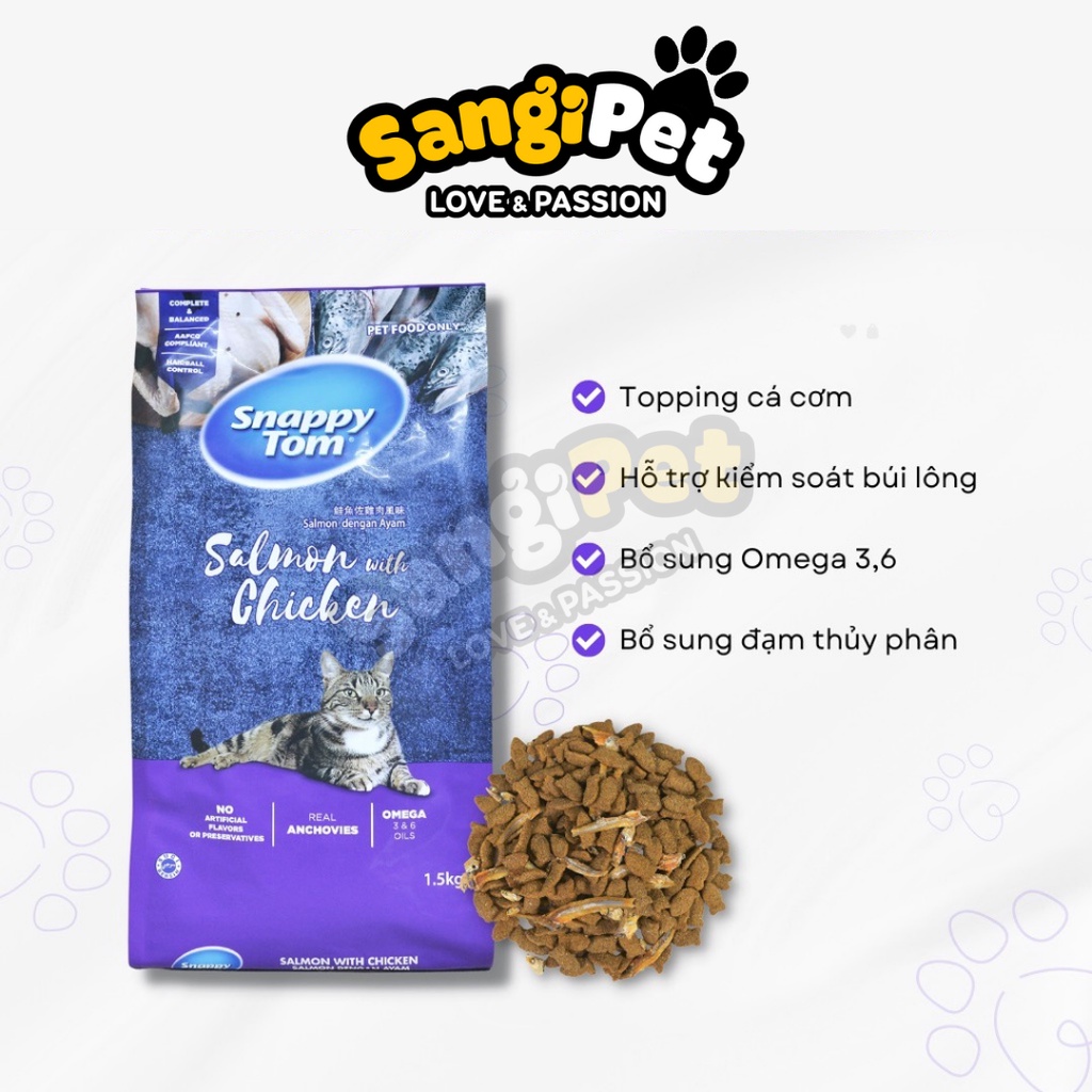 Hạt Snappy Tom cho mèo trưởng thành gói 1.5kg, Hạt khô topping cá sấy dinh dưỡng hỗ trợ mượt lông, mắt sáng