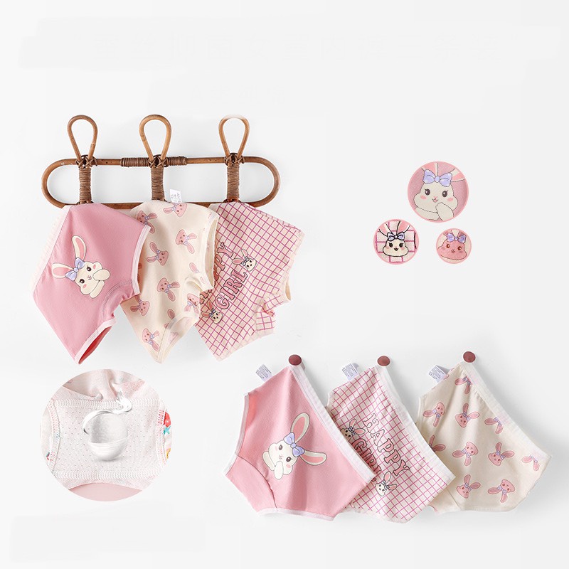 Combo 3 quần chip bé gái màu hồng hình thỏ Bunny dễ thương chéo đùi, quần lót trẻ em