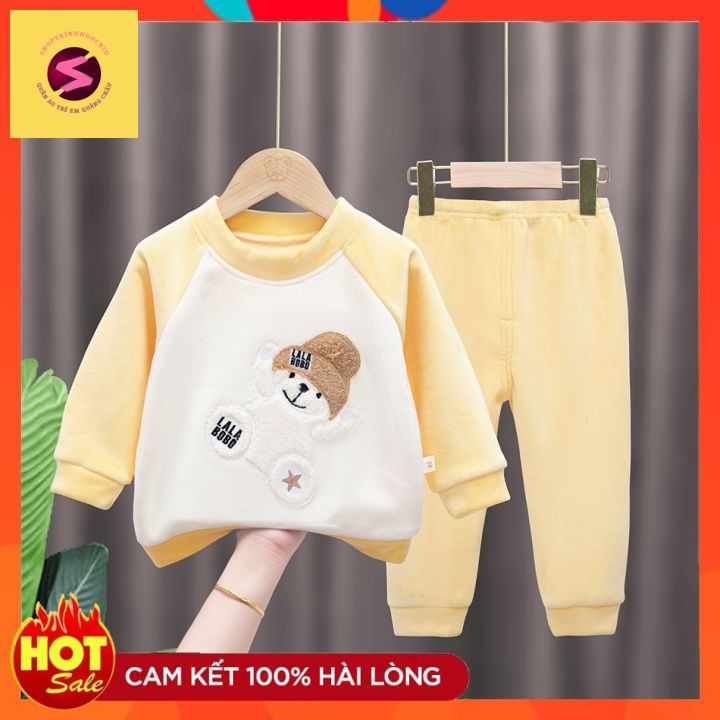 Bộ quần áo trẻ em thu đông,100% nhung thêu gấu, thỏ hàng quảng châu cao cấp bé trai bé gái từ7-30kg
