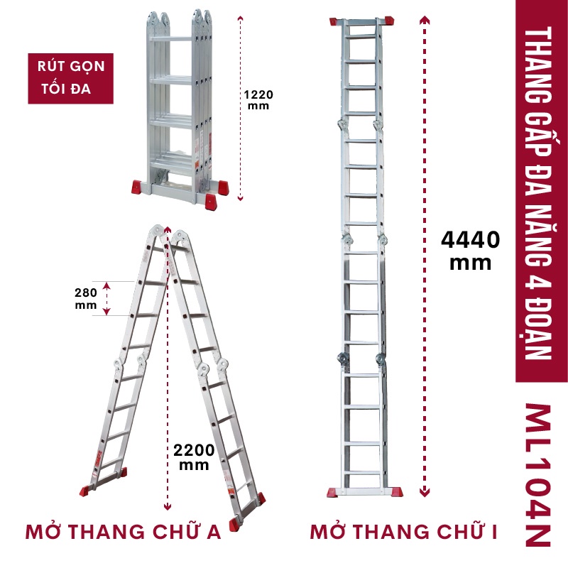 Thang nhôm gấp đa năng 4 đoạn nhập khẩu FUJIHOME ML104N gấp nhiều kiểu - chống trơn trượt - cao tối đa 4,5m