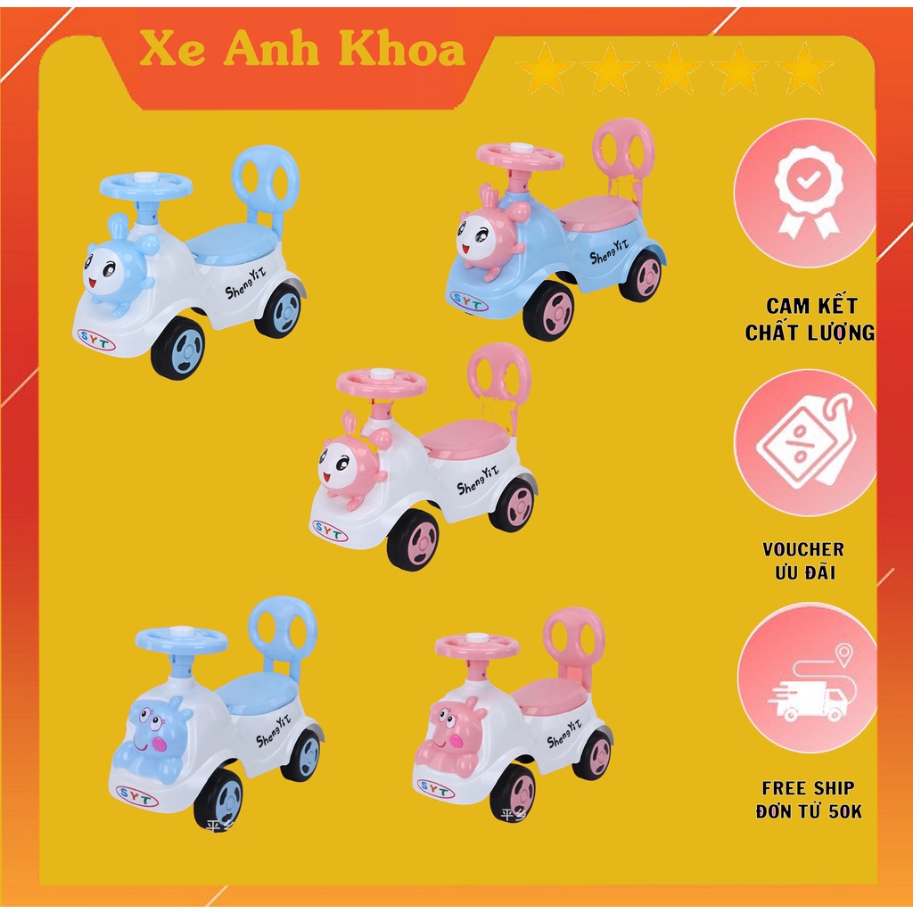 Xe lắc cho bé thỏ có nhạc + còi + thùng đồ + tựa lưng (Xe chòi chân cho bé)