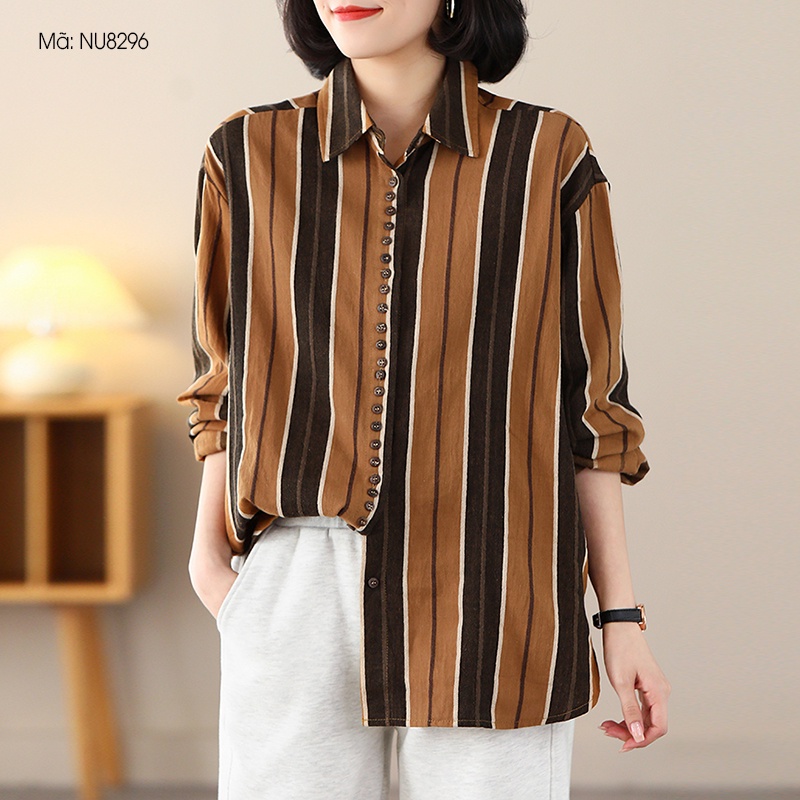 Áo sơ mi linen dài tay cổ đức kẻ sọc kiểu nhiều khuy - NU8296