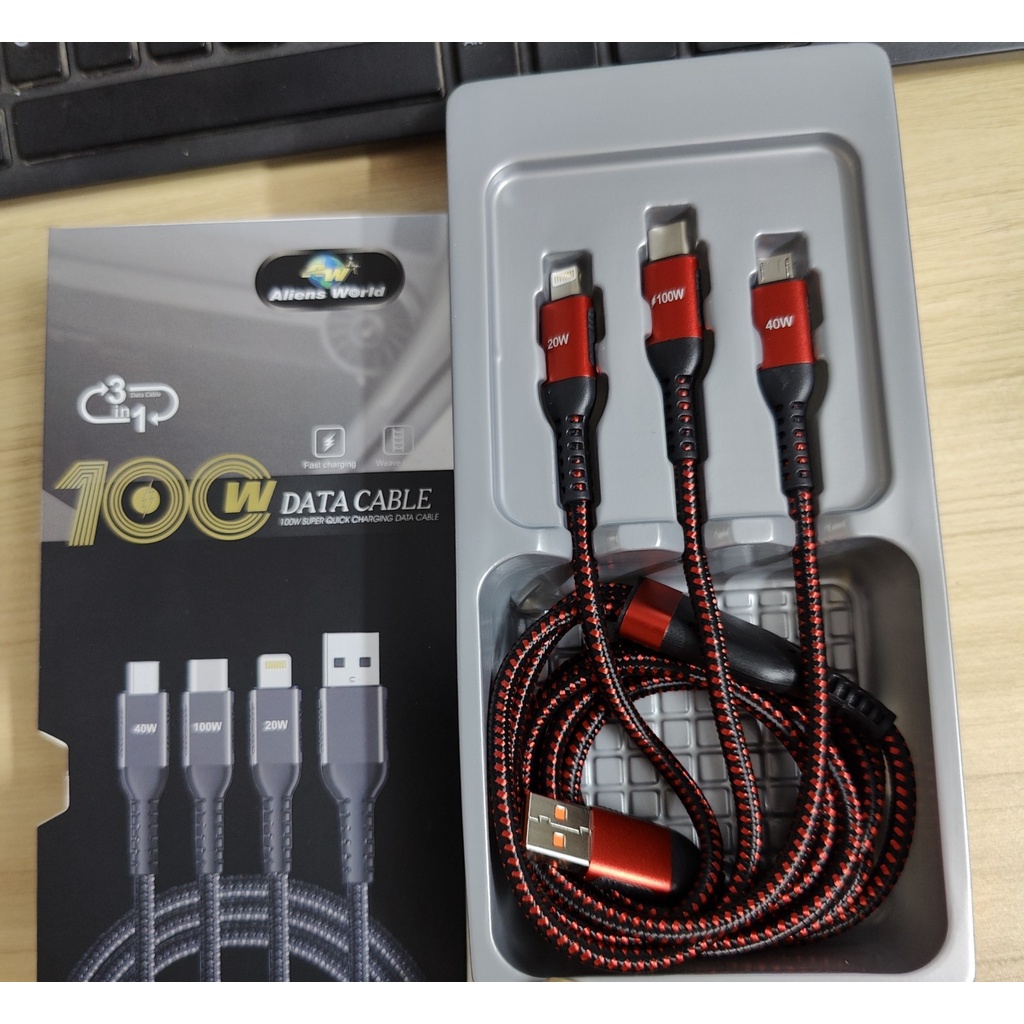Cáp sạc nhanh 3 in1 100W, Cáp 3in1 USB+ Type C dùng cho điện thoại, laptop, máy tính xách tay ....