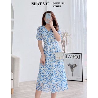 Đầm hoa đi chơi Nhật Vy cổ V chiết eo dáng xoè phối đuôi cá chất voan tơ phù hợp công sở, dự tiệc, dạo phố - D2536