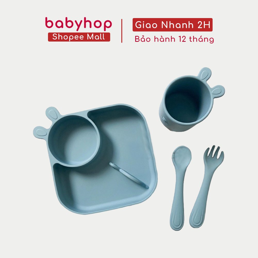 Bộ khay cốc thìa dĩa silicon thương hiệu Hermon 1 set 3 phụ kiện hình thỏ cho bé phân phối bởi Babyhop