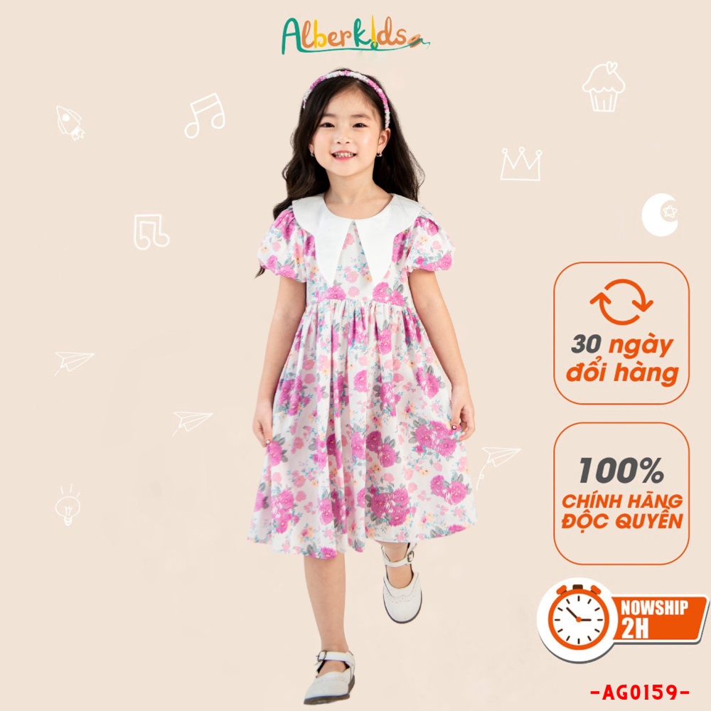 Váy bé gái ALBERKIDS hoa tím phối cổ trắng công chúa xinh đẹp cho trẻ em 2,3,4,5,6,7,8,9,10,11,12 tuổi AG0159