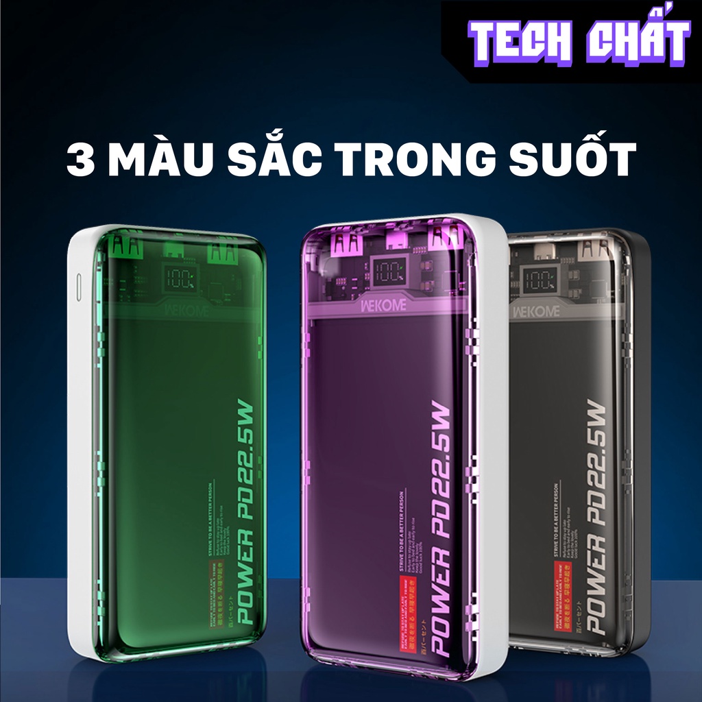 Pin dự phòng sạc nhanh 22,5w dài trong suốt 20000 mAh chính hãng wekome kingkong cho iPhone android Tech chất WP 351 353