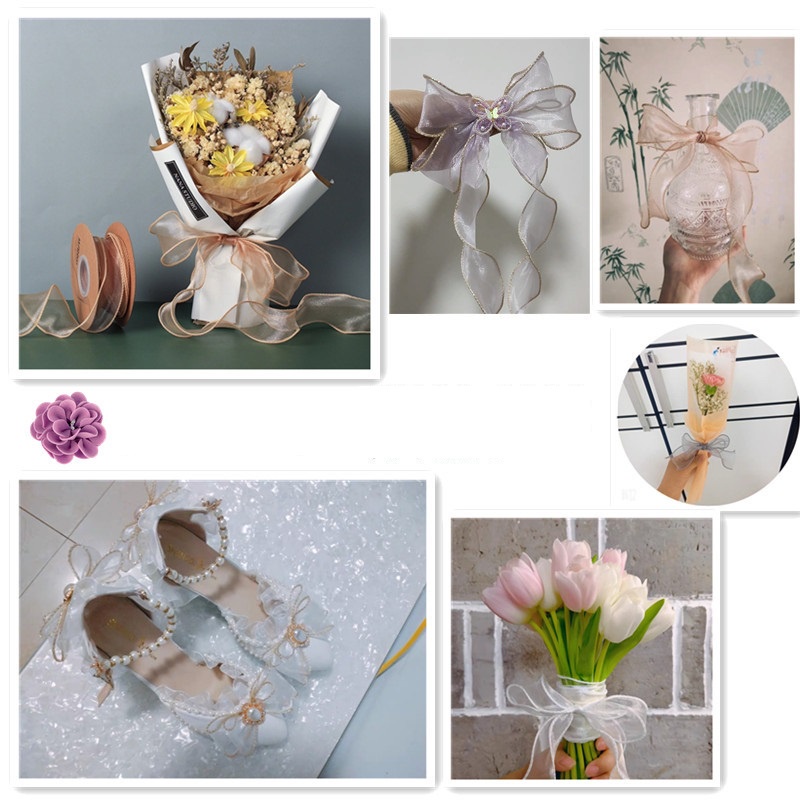 Ruy băng lụa voan kim tuyến viền sóng 4 cm