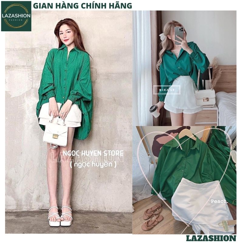 Set áo sơ mi xanh lá kèm quần giả váy xuông trắng, Set váy nữ tiểu thư xinh xắn form rộng phong cách Hàn Quốc - LAZA