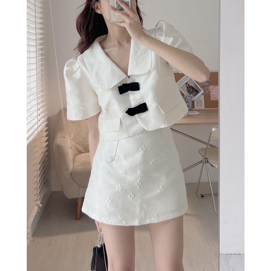 [SẴN/VIDEO] SET GẤM HOA NỔI NƠ NGỰC ĐEN CỘC TAY 2 LỚP HÀNG ĐẸP LOẠI 1