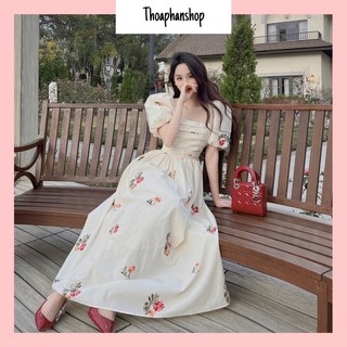 Đầm midi nude hoa nhí xếp li ngực tay bồng