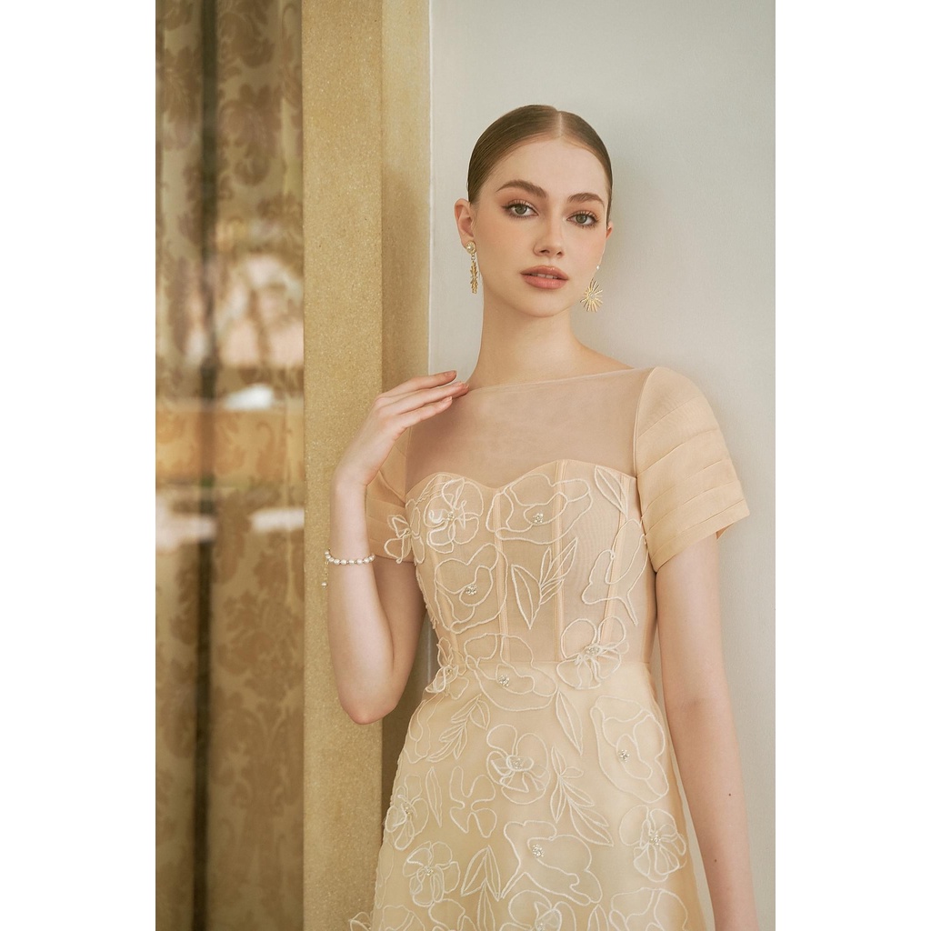 MAVEN - Váy beige dáng A phối lưới đính kết hoa Bella Dress