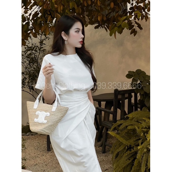 Set váy nữ dáng dài gồm áo cotton cơ bản mix chân váy quấn vạt