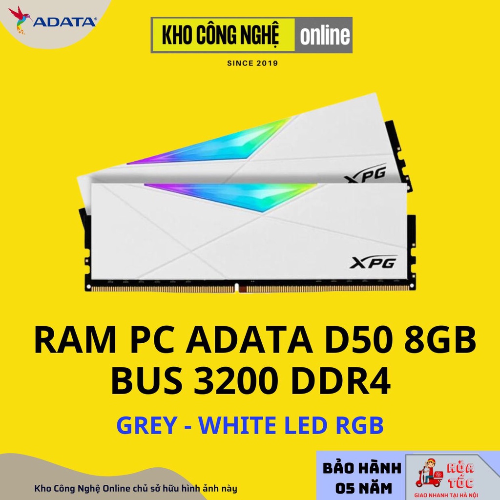 Combo Ram Adata D50 DDR4 XPG SPECTRIX RGB 8GB Bus 3200MHz WHITE GREY