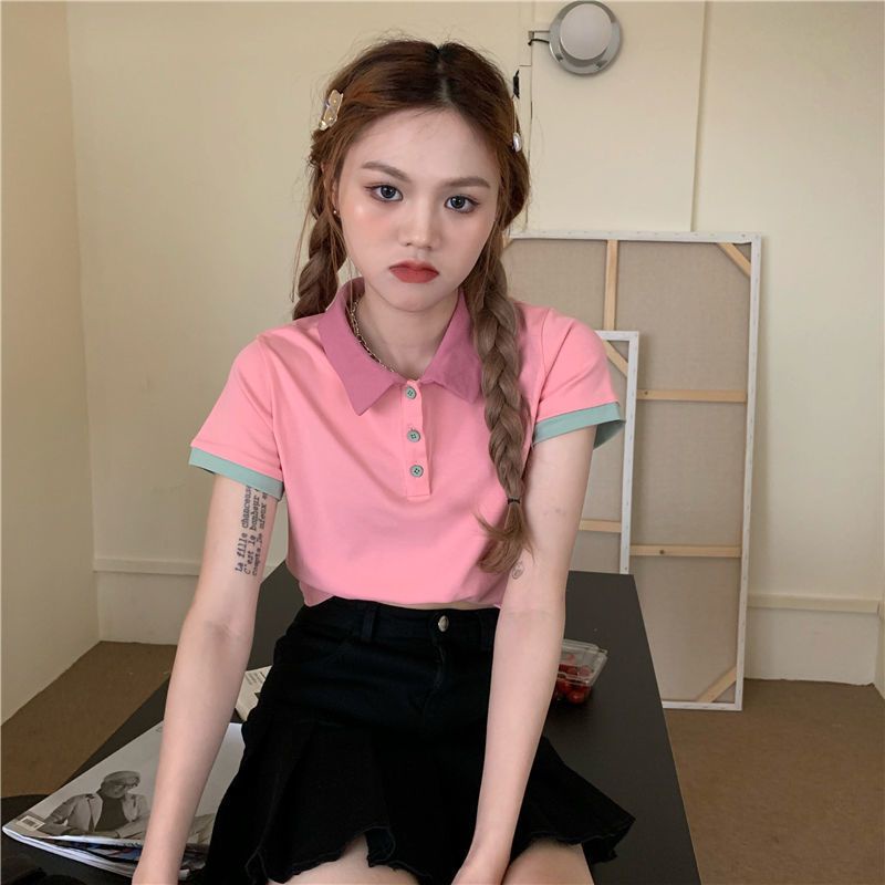 Jiashucheng Áo Croptop Tay Ngắn Eo Cao Màu Hồng Thời Trang Mùa Hè Phong Cách Mới Cho Nữ