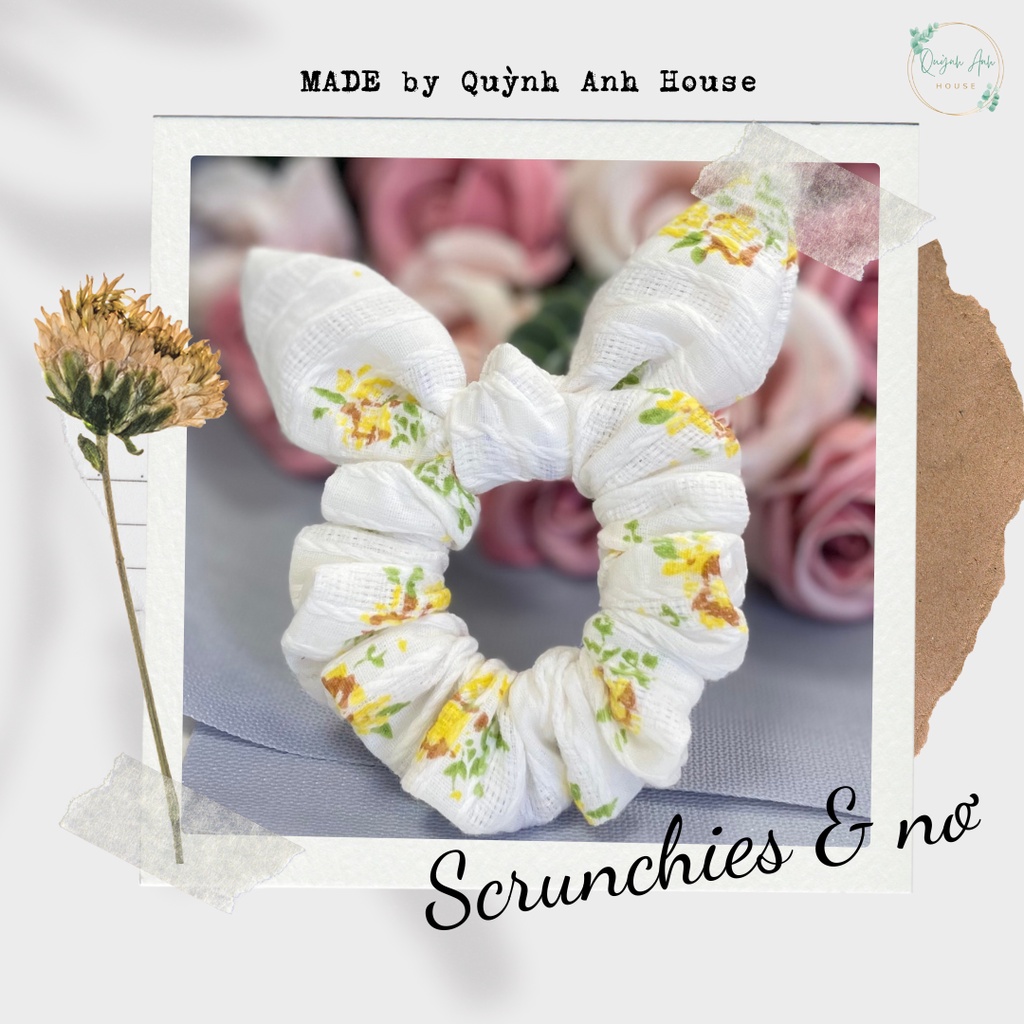 Dây buộc tóc Scrunchies handmade hoa nhí mini kèm nơ tai thỏ - QA1001
